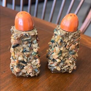 Vintage Vomit Pebble Salt and Pepper Shakers with Orange Tops